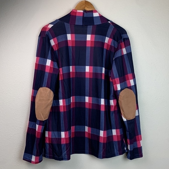 NWT Lightweight knit open front blue plaid shirt jacket faux suede elbow patches - Picture 5 of 9